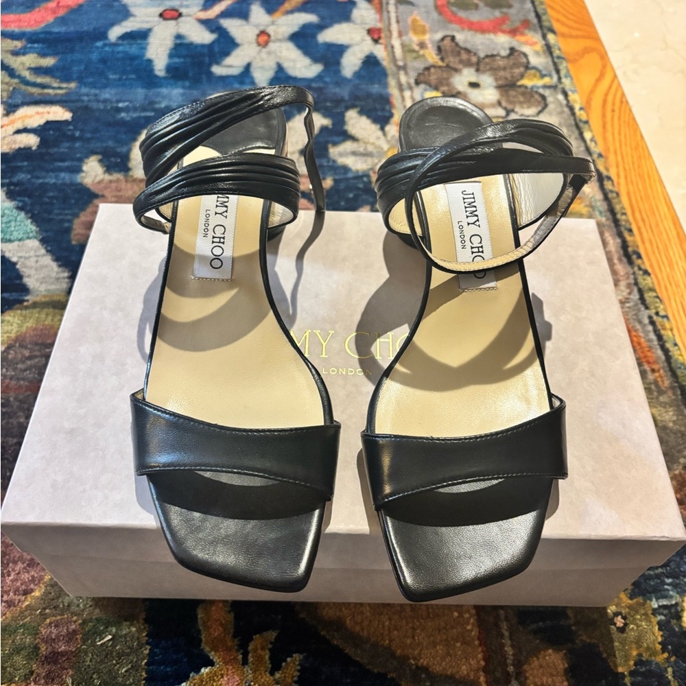 Jimmy Choo Black and Gold Block Heel Sandals - Picture 2 of 5